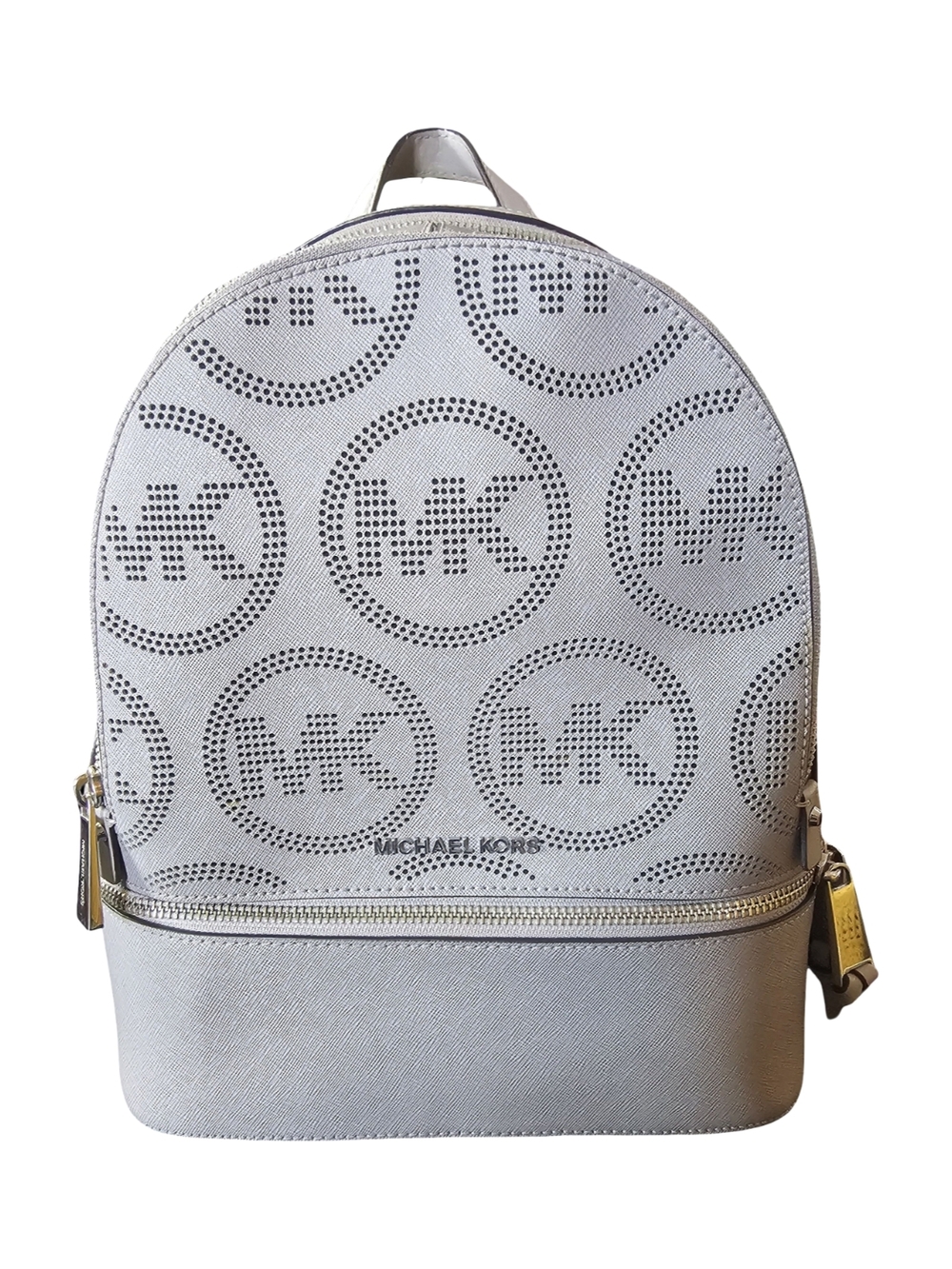 Michael Kors NWT Mini Backpack Gray Logo Perforated Leather MK Bag New With Tags - Picture 2 of 12